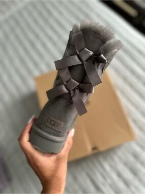 UGG Gray Suede Shearling Bow Back Ankle Boots